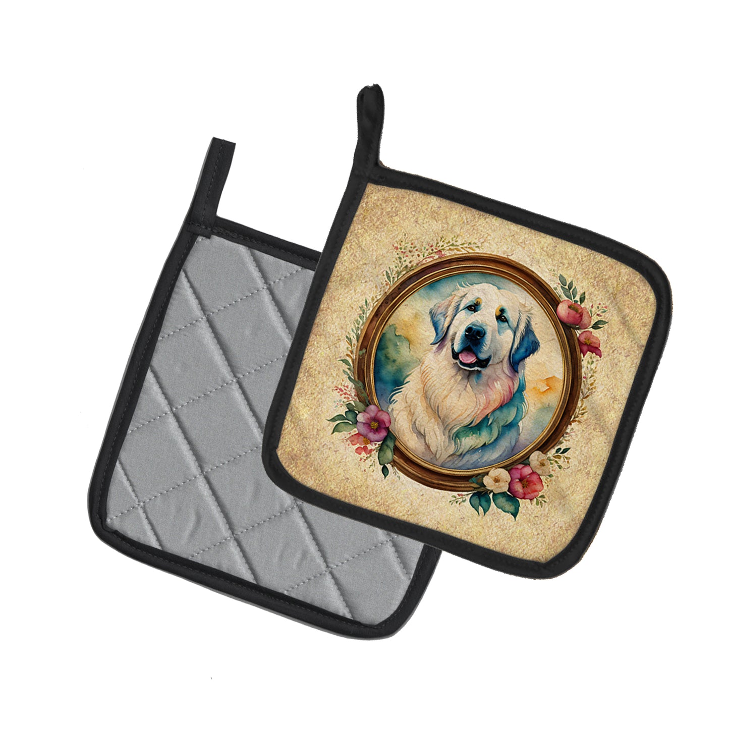 Great Pyrenees and Flowers Pair of Pot Holders