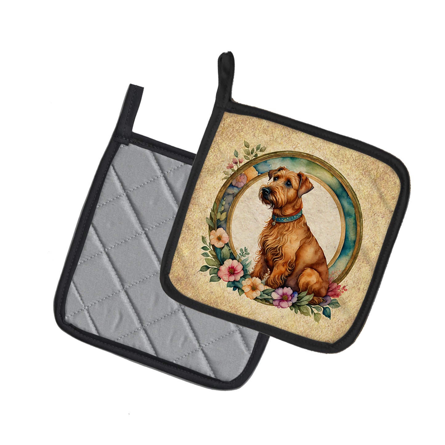 Irish Terrier and Flowers Pair of Pot Holders