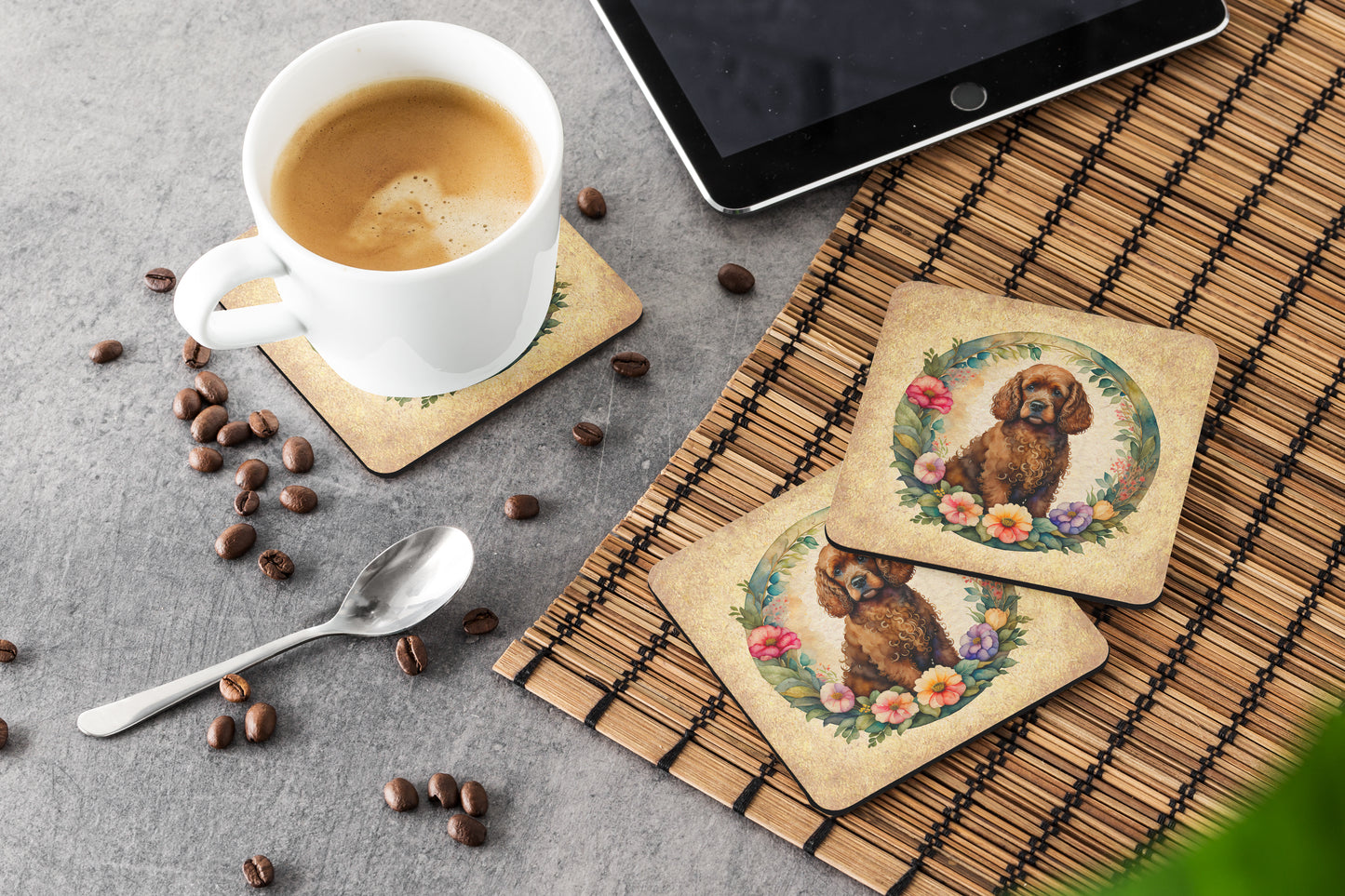 Irish Water Spaniel and Flowers Foam Coasters
