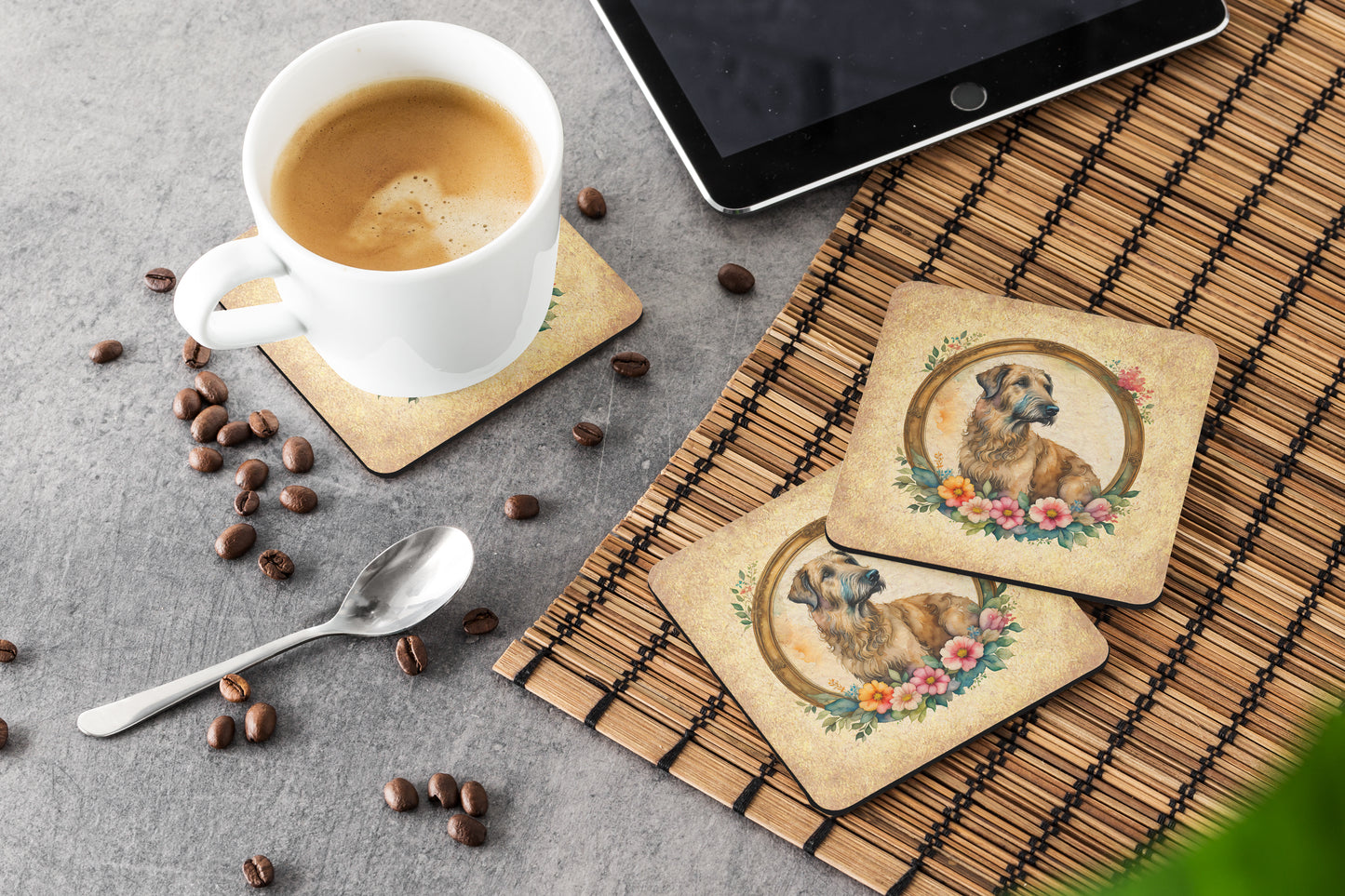 Irish Wolfhound and Flowers Foam Coasters