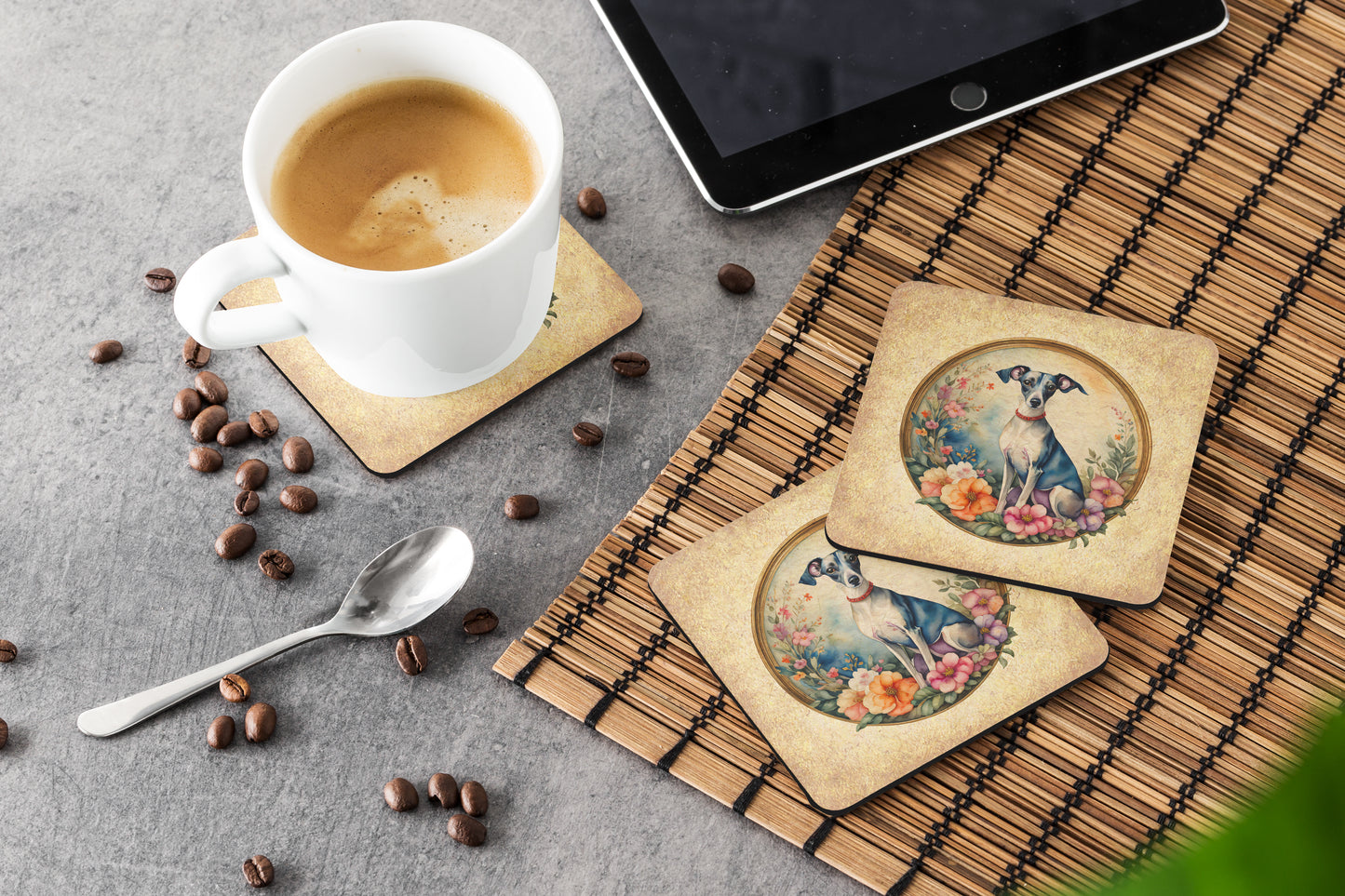 Italian Greyhound and Flowers Foam Coasters