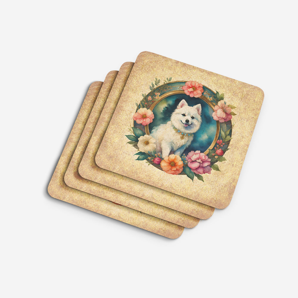 Japanese Spitz and Flowers Foam Coasters