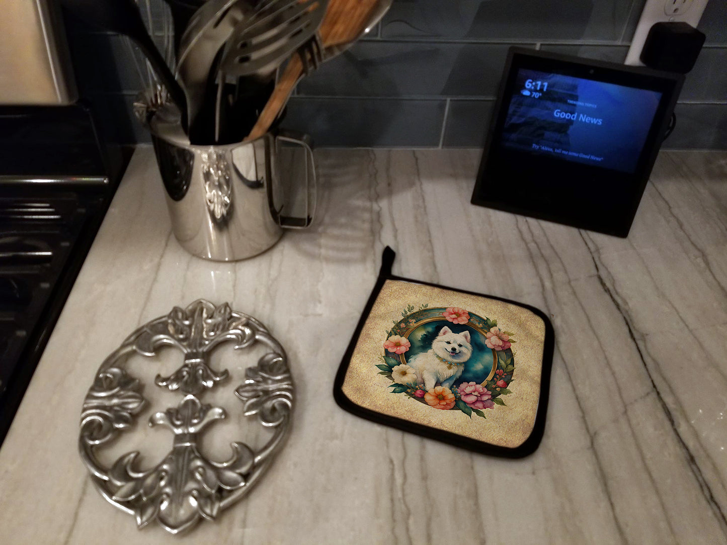 Japanese Spitz and Flowers Pair of Pot Holders