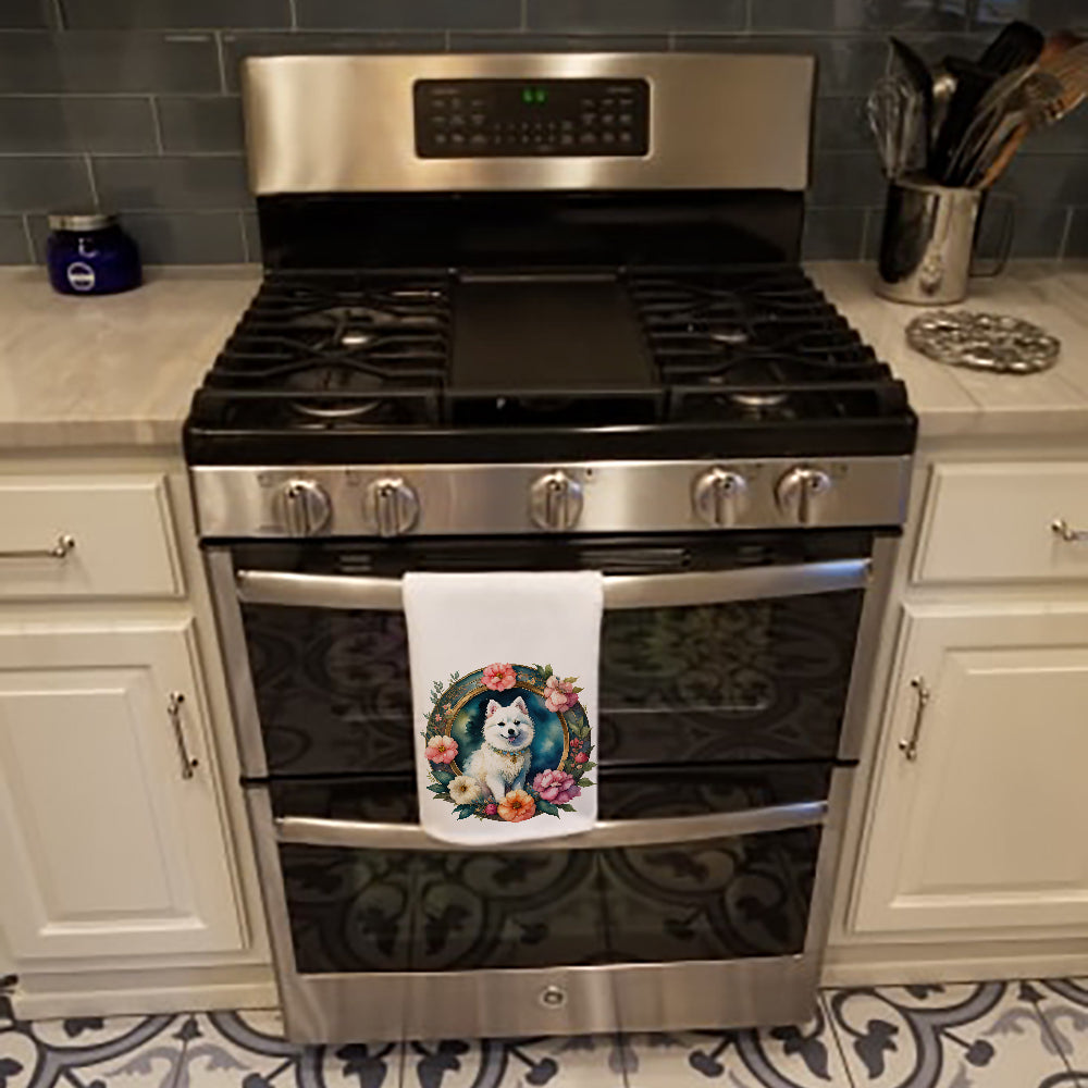 Japanese Spitz and Flowers Kitchen Towel Set of 2