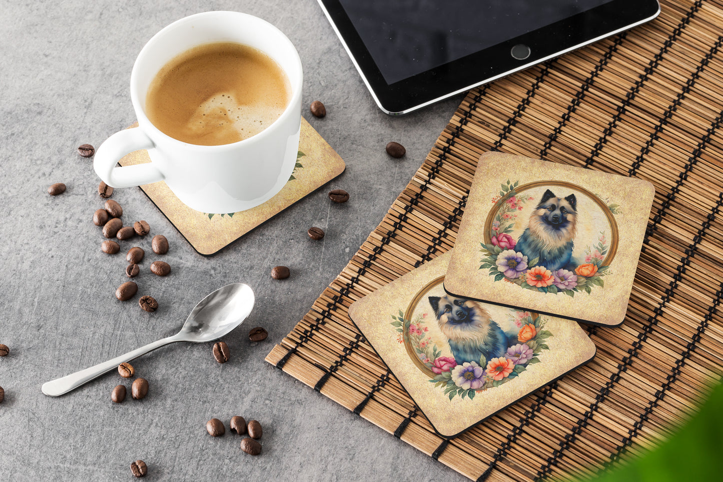 Keeshond and Flowers Foam Coasters