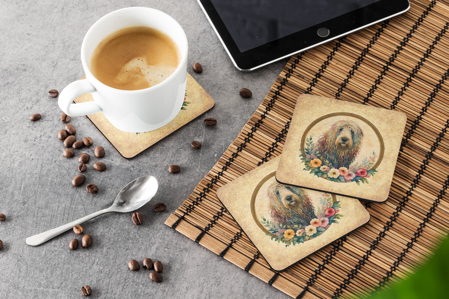 Komondor and Flowers Foam Coasters