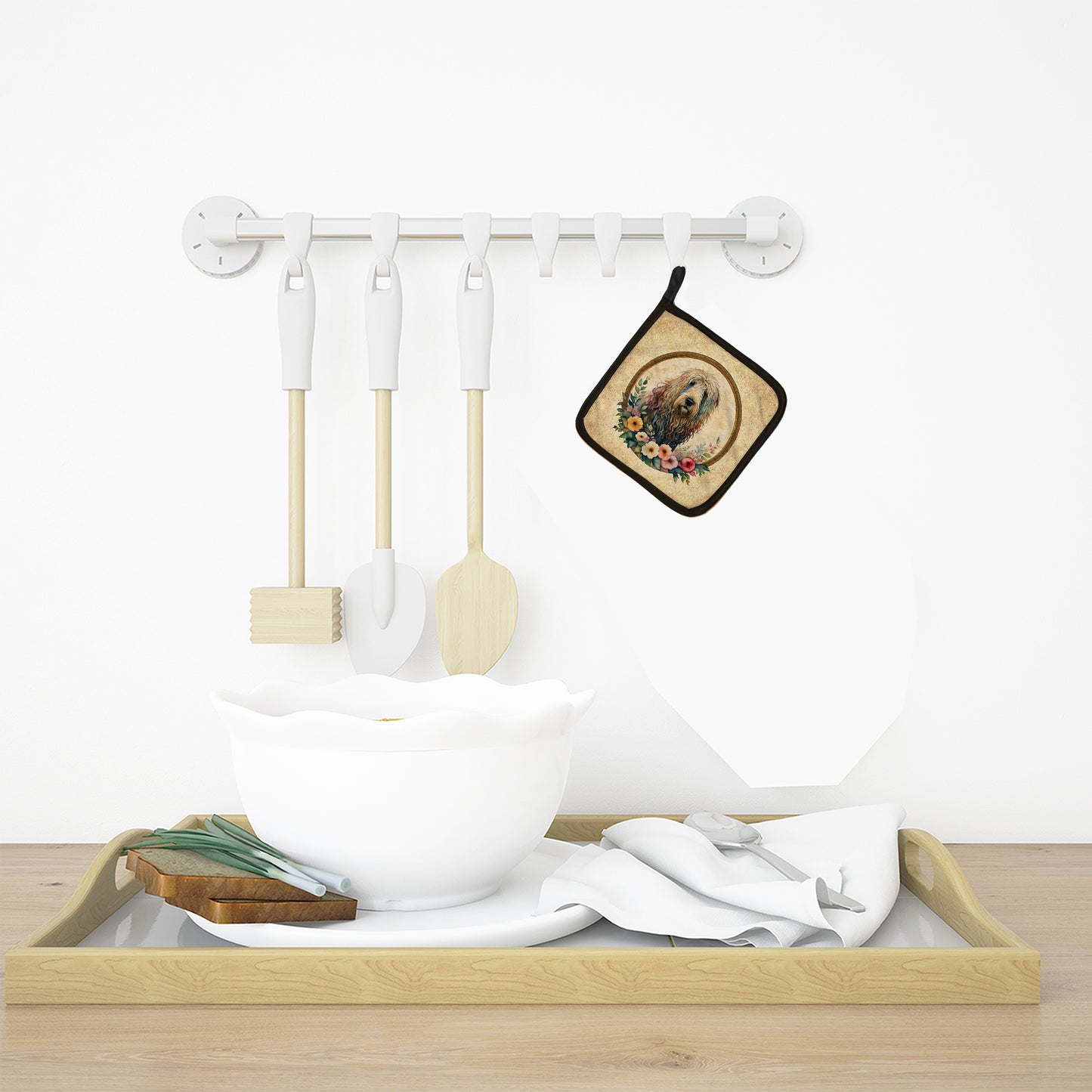 Komondor and Flowers Pair of Pot Holders