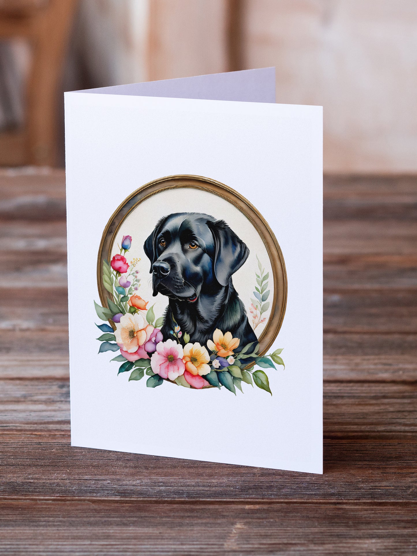 Black Labrador Retriever and Flowers Greeting Cards and Envelopes Pack of 8