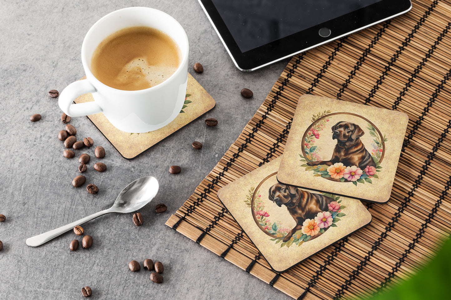 Chocolate Labrador Retriever and Flowers Foam Coasters