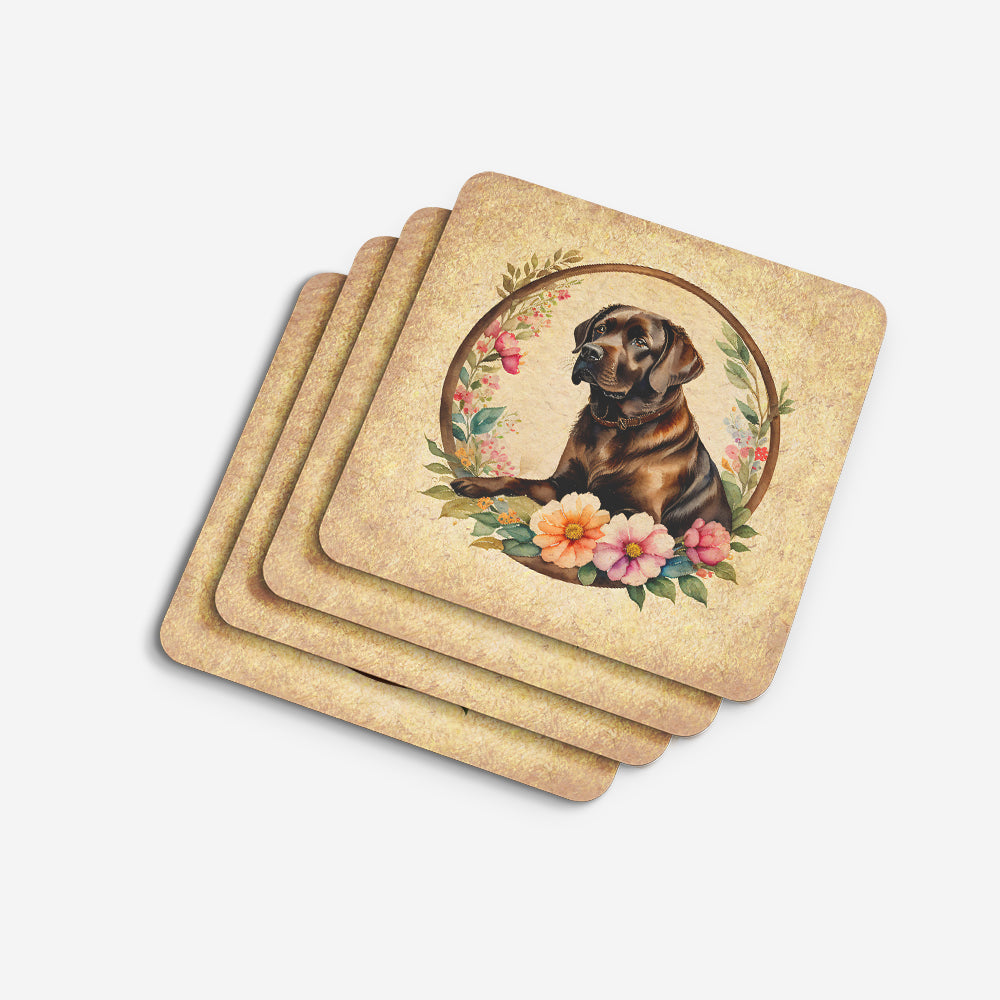 Chocolate Labrador Retriever and Flowers Foam Coasters