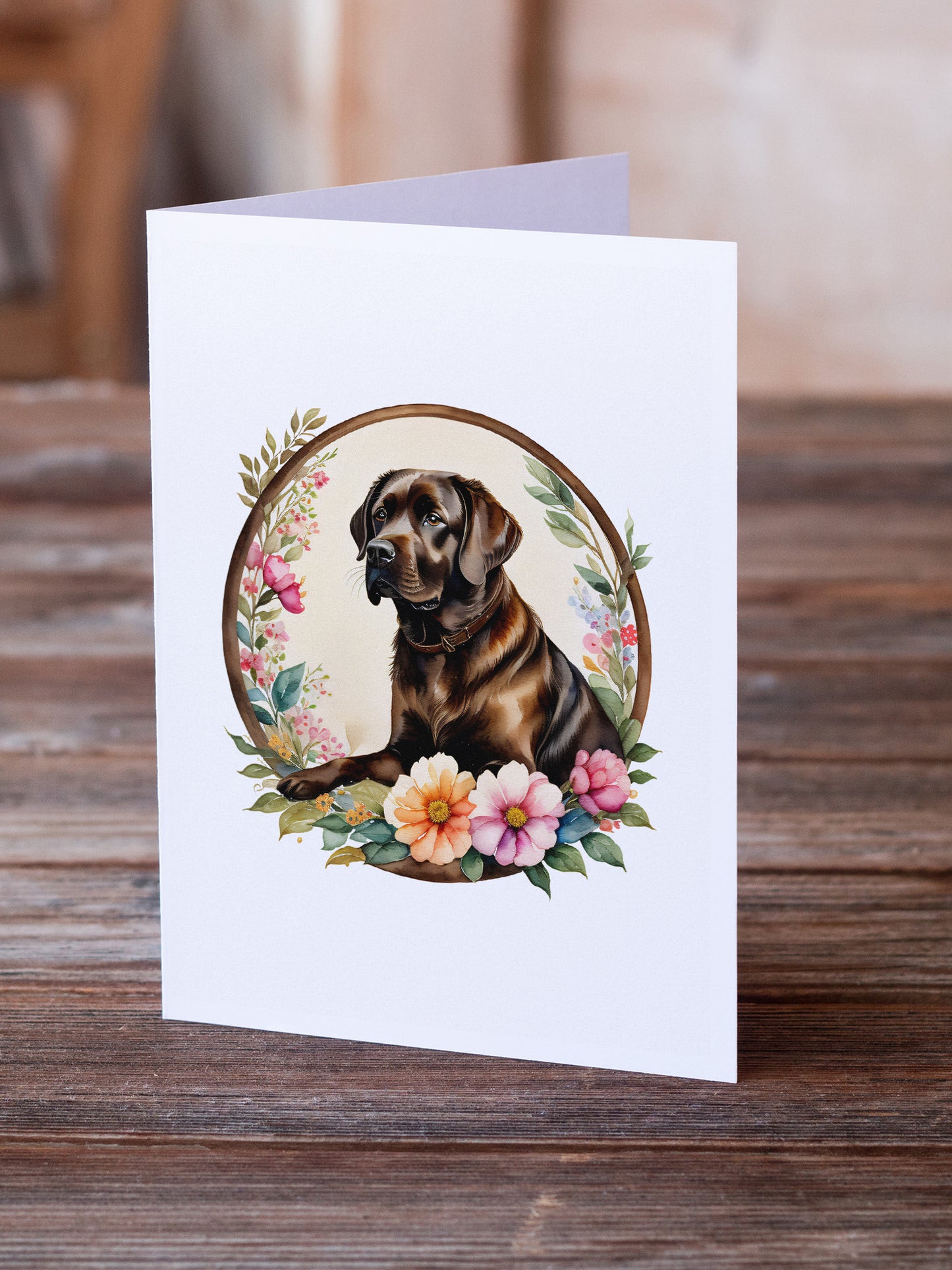 Chocolate Labrador Retriever and Flowers Greeting Cards and Envelopes Pack of 8