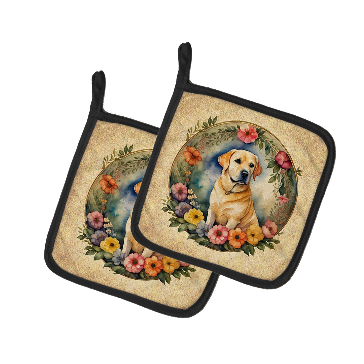 Buy this Yellow Labrador Retriever and Flowers Pair of Pot Holders