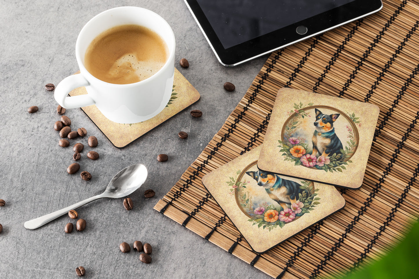 Lancashire Heeler and Flowers Foam Coasters