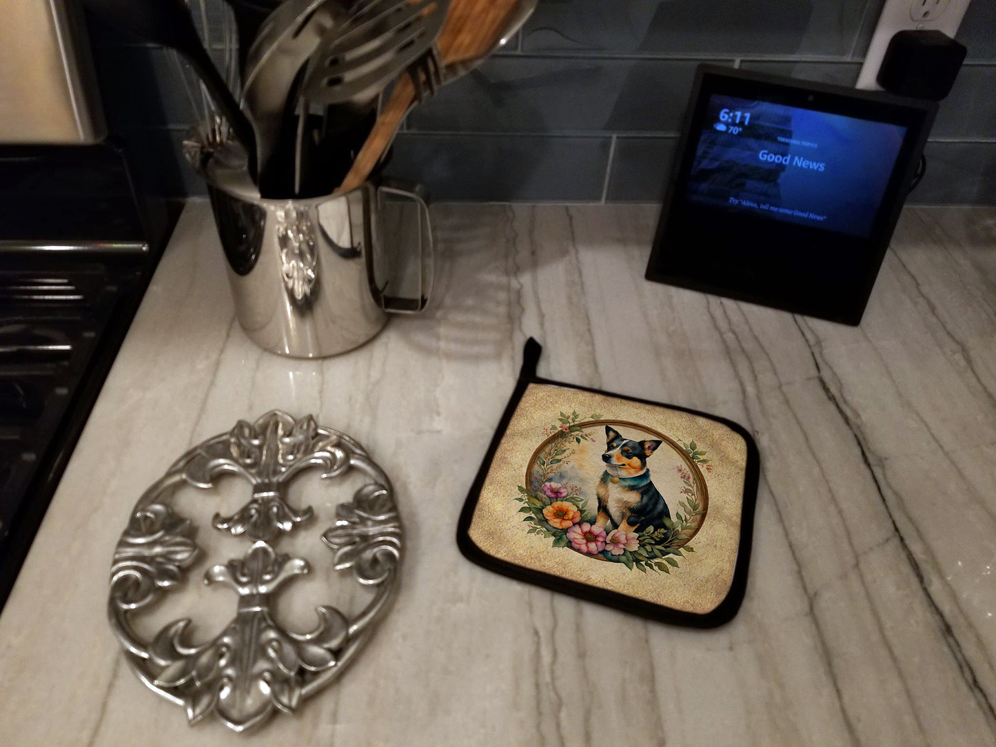 Lancashire Heeler and Flowers Pair of Pot Holders