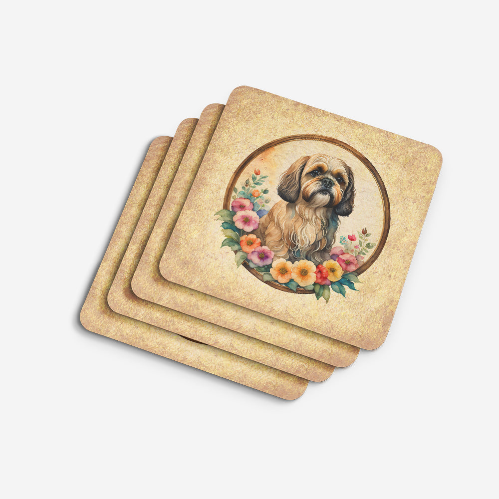 Lhasa Apso and Flowers Foam Coasters