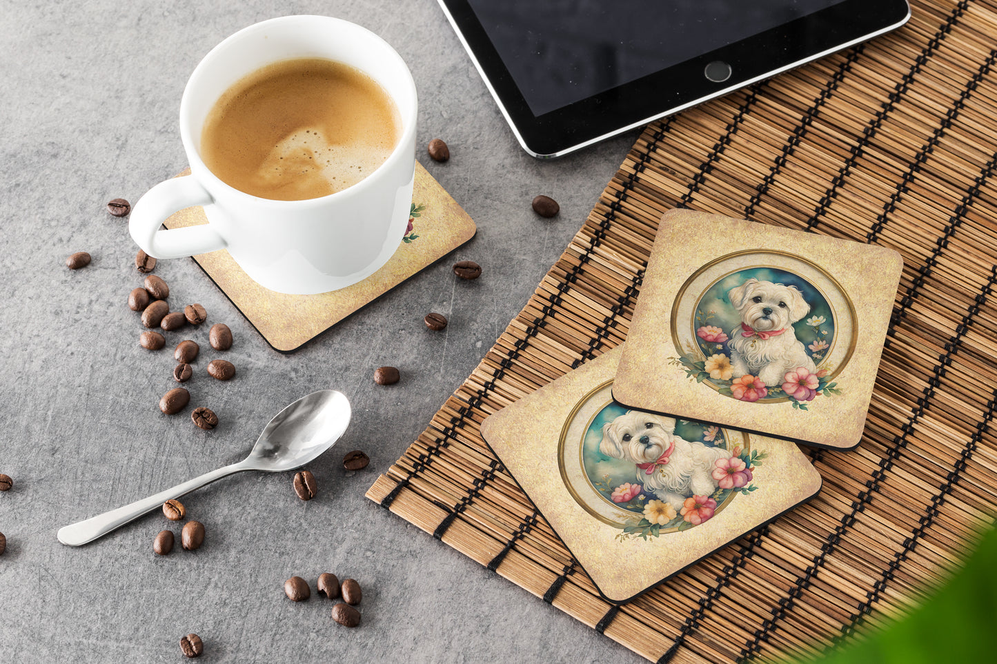 Maltese and Flowers Foam Coasters