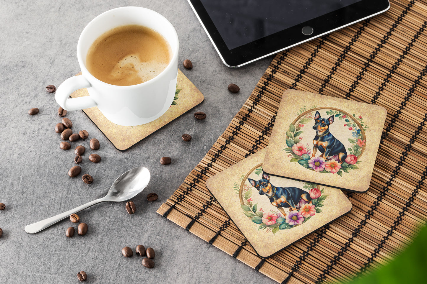 Miniature Pinscher and Flowers Foam Coasters