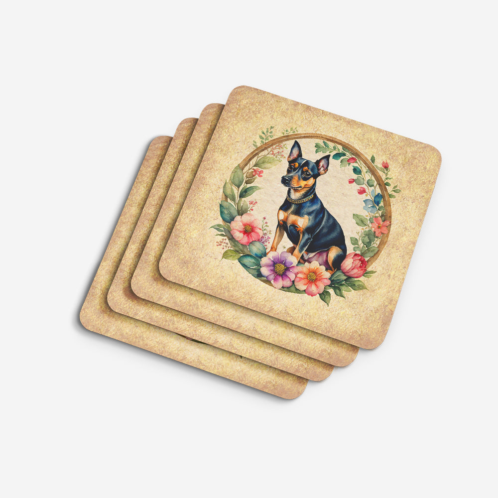 Miniature Pinscher and Flowers Foam Coasters