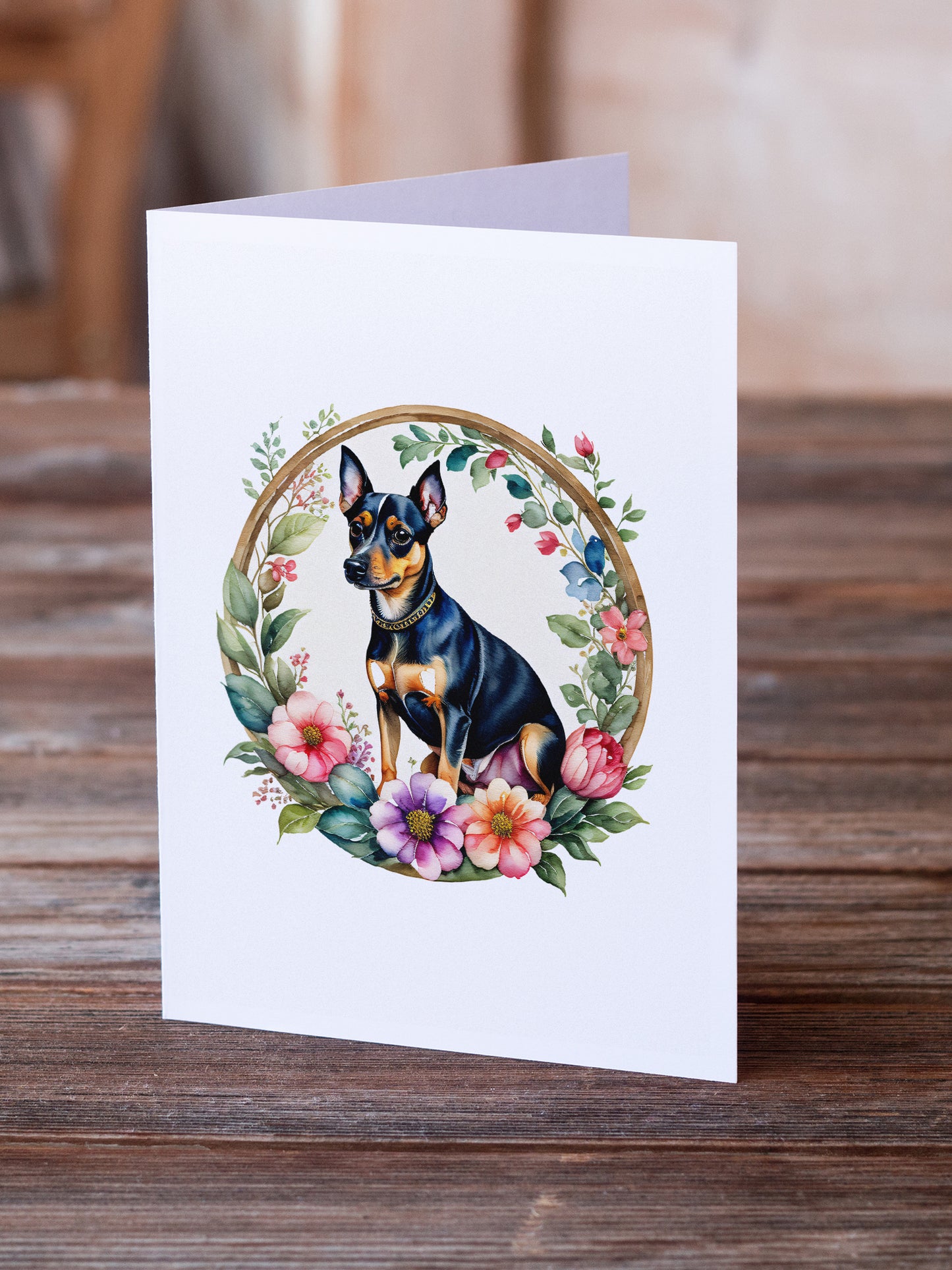 Miniature Pinscher and Flowers Greeting Cards and Envelopes Pack of 8