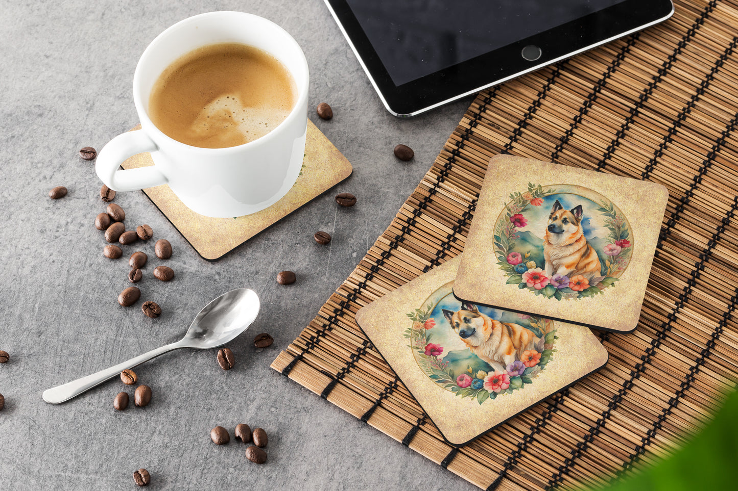 Norwegian Buhund and Flowers Foam Coasters