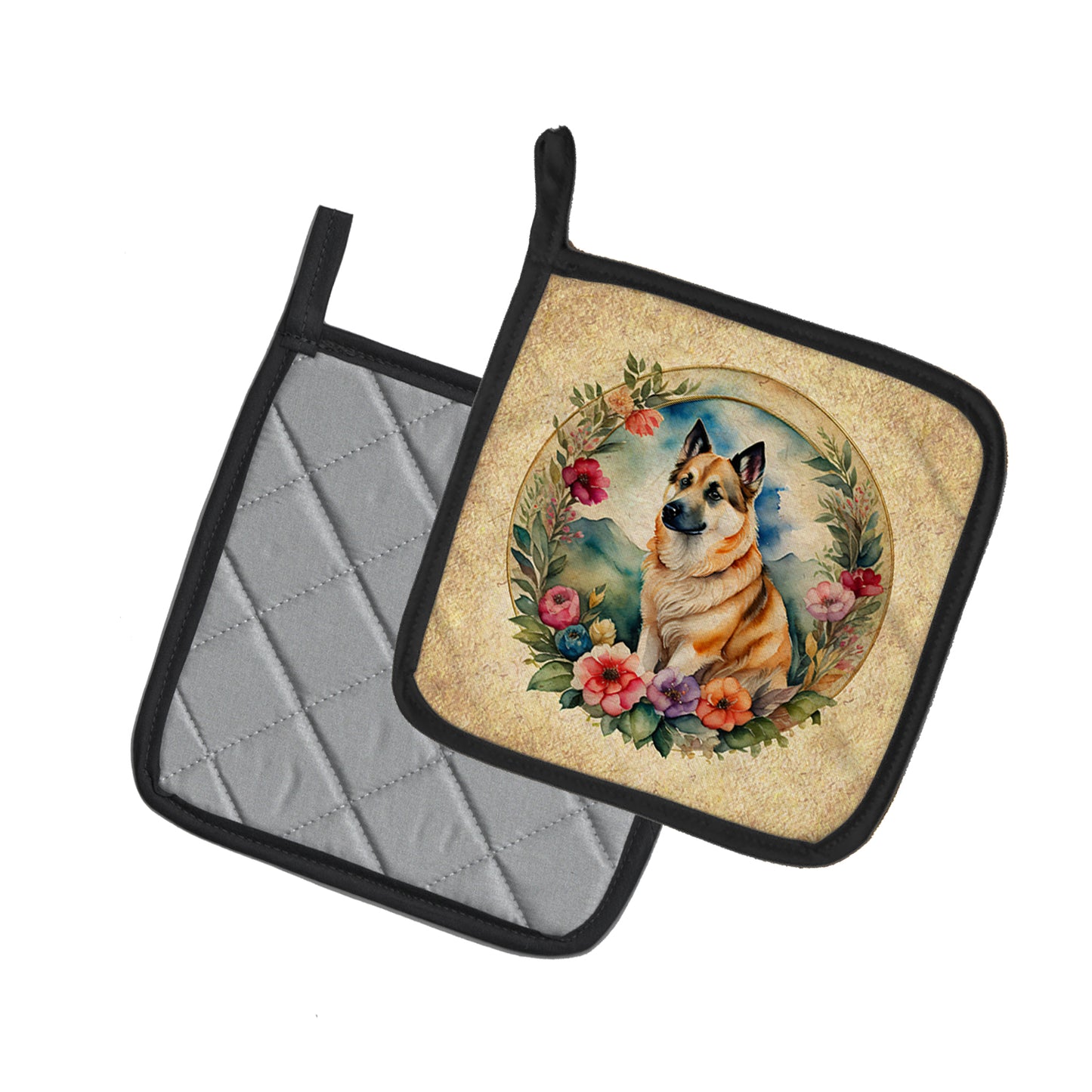 Norwegian Buhund and Flowers Pair of Pot Holders