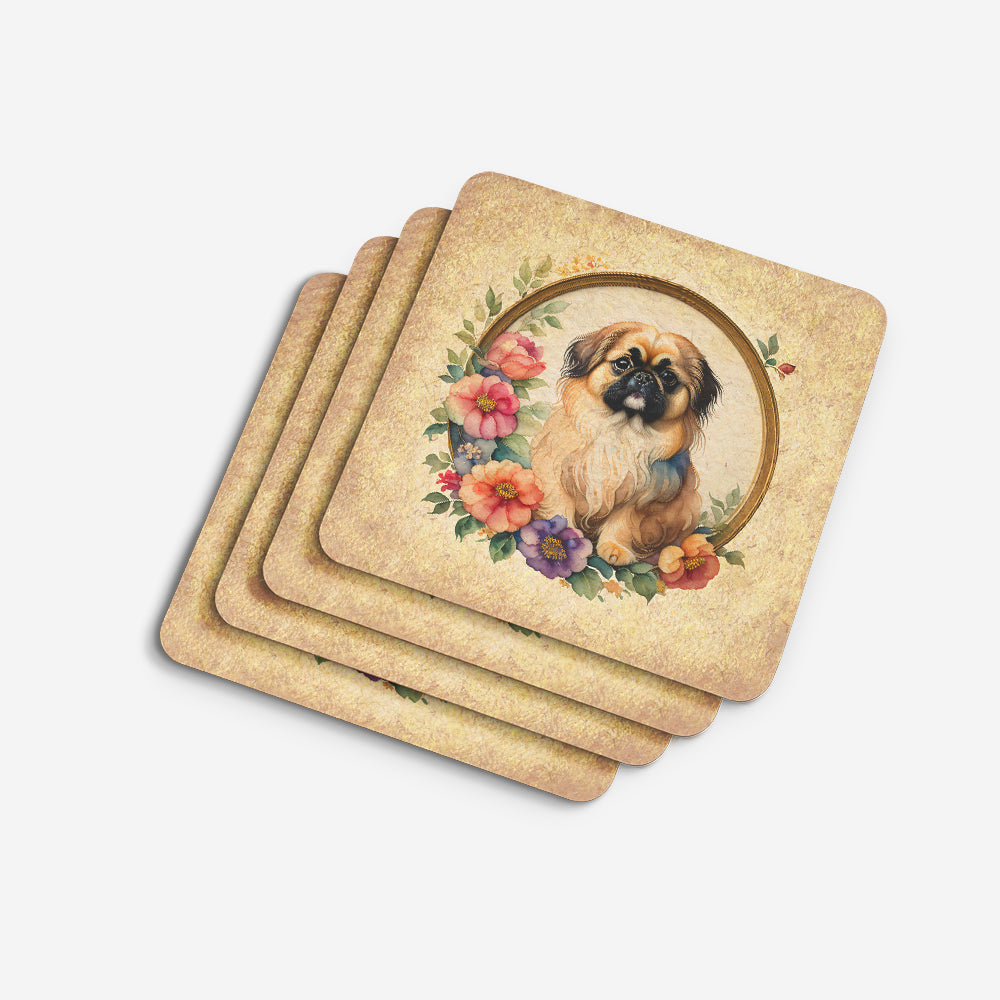 Pekingese and Flowers Foam Coasters