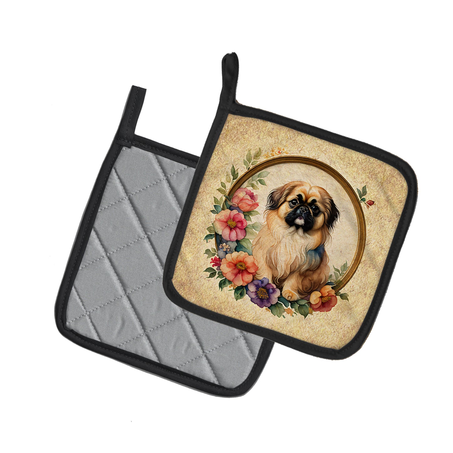 Pekingese and Flowers Pair of Pot Holders