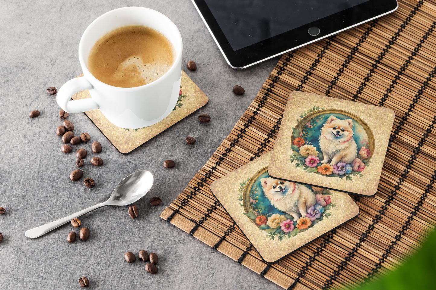 Pomeranian and Flowers Foam Coasters