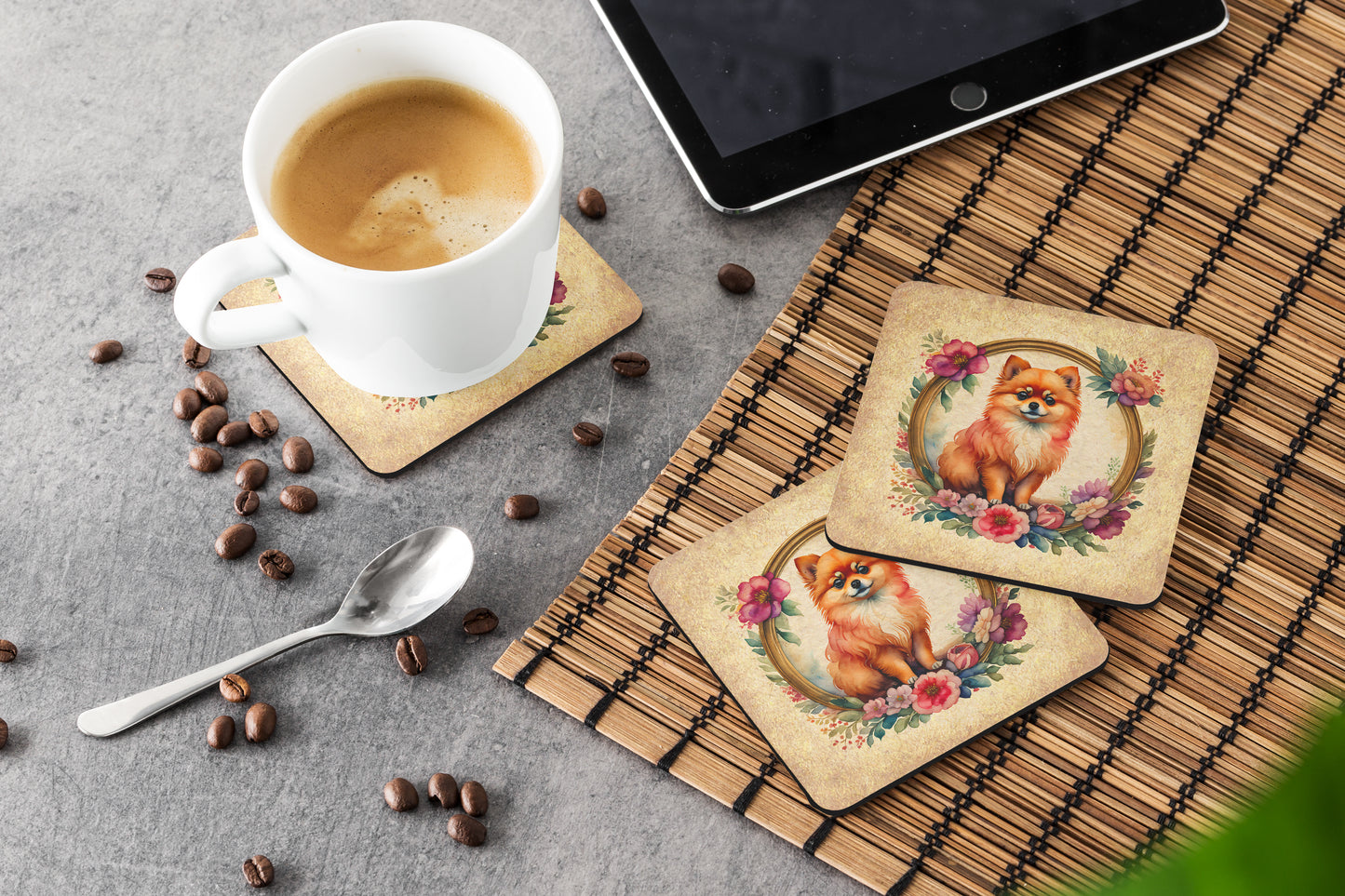 Pomeranian and Flowers Foam Coasters