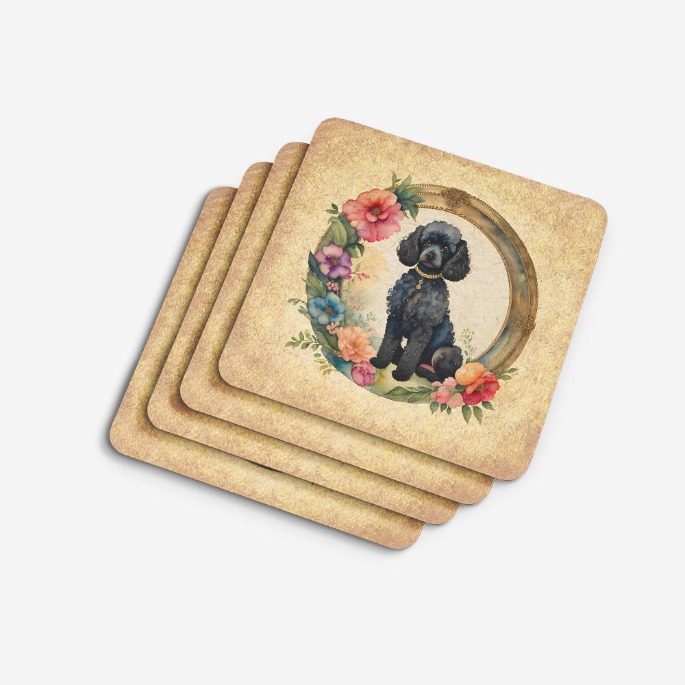 Black Poodle and Flowers Foam Coasters