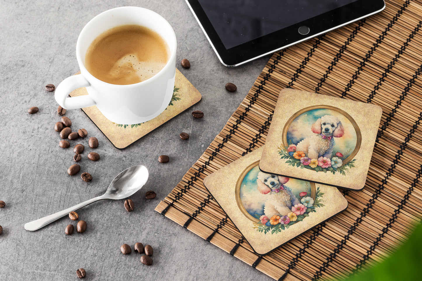 White Poodle and Flowers Foam Coasters