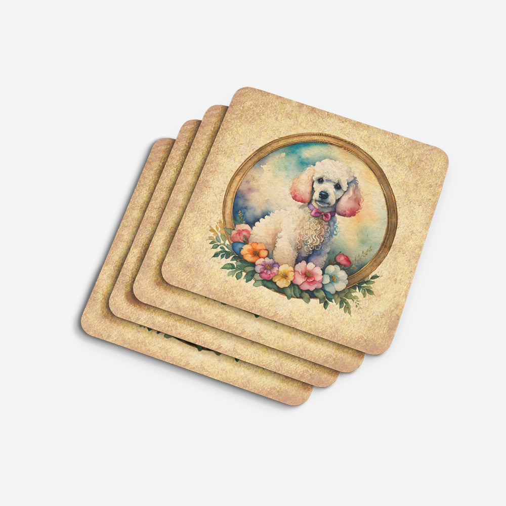 White Poodle and Flowers Foam Coasters