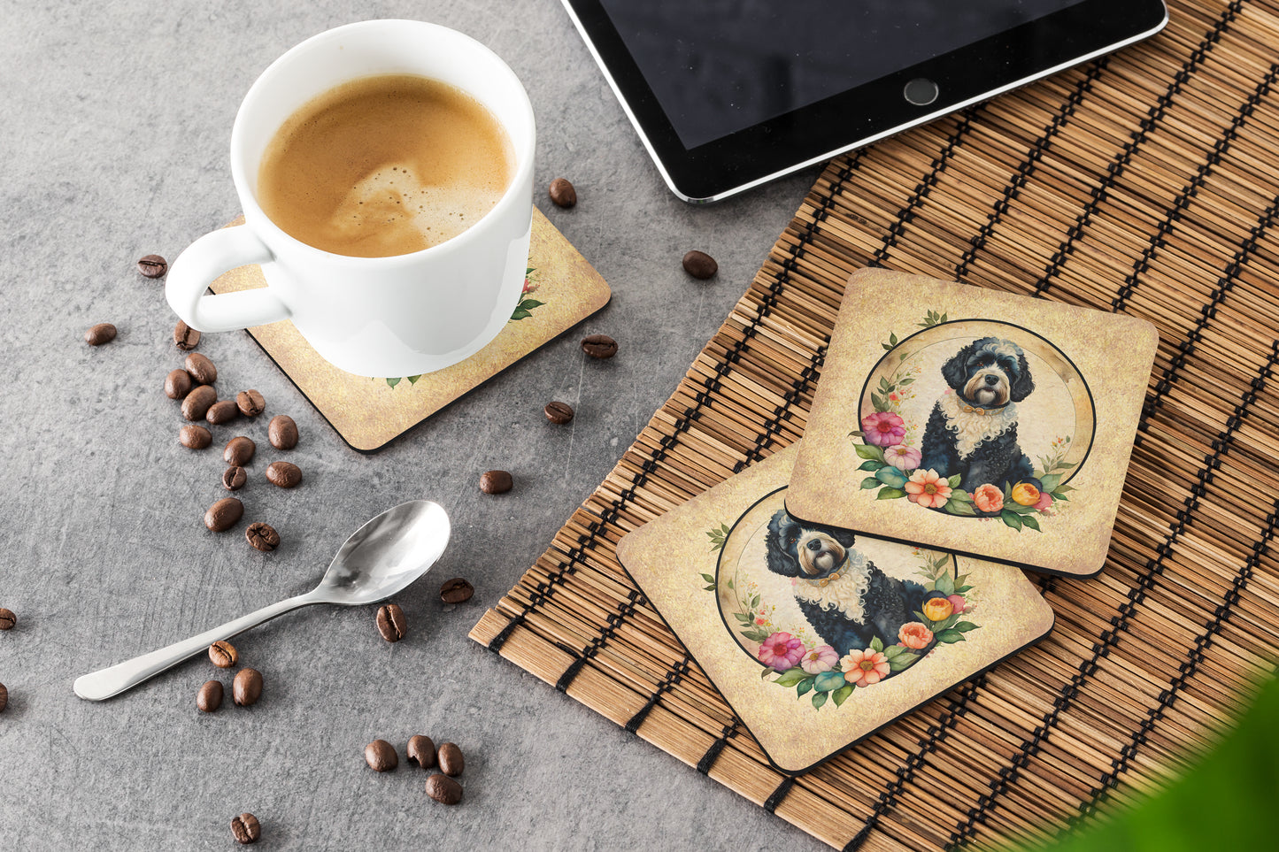 Portuguese Water Dog and Flowers Foam Coasters