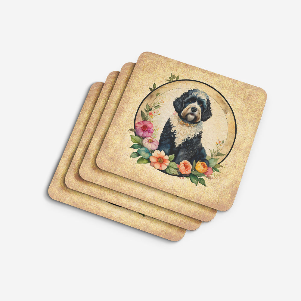 Portuguese Water Dog and Flowers Foam Coasters