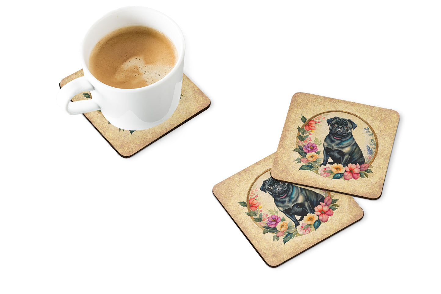 Black Pug and Flowers Foam Coasters
