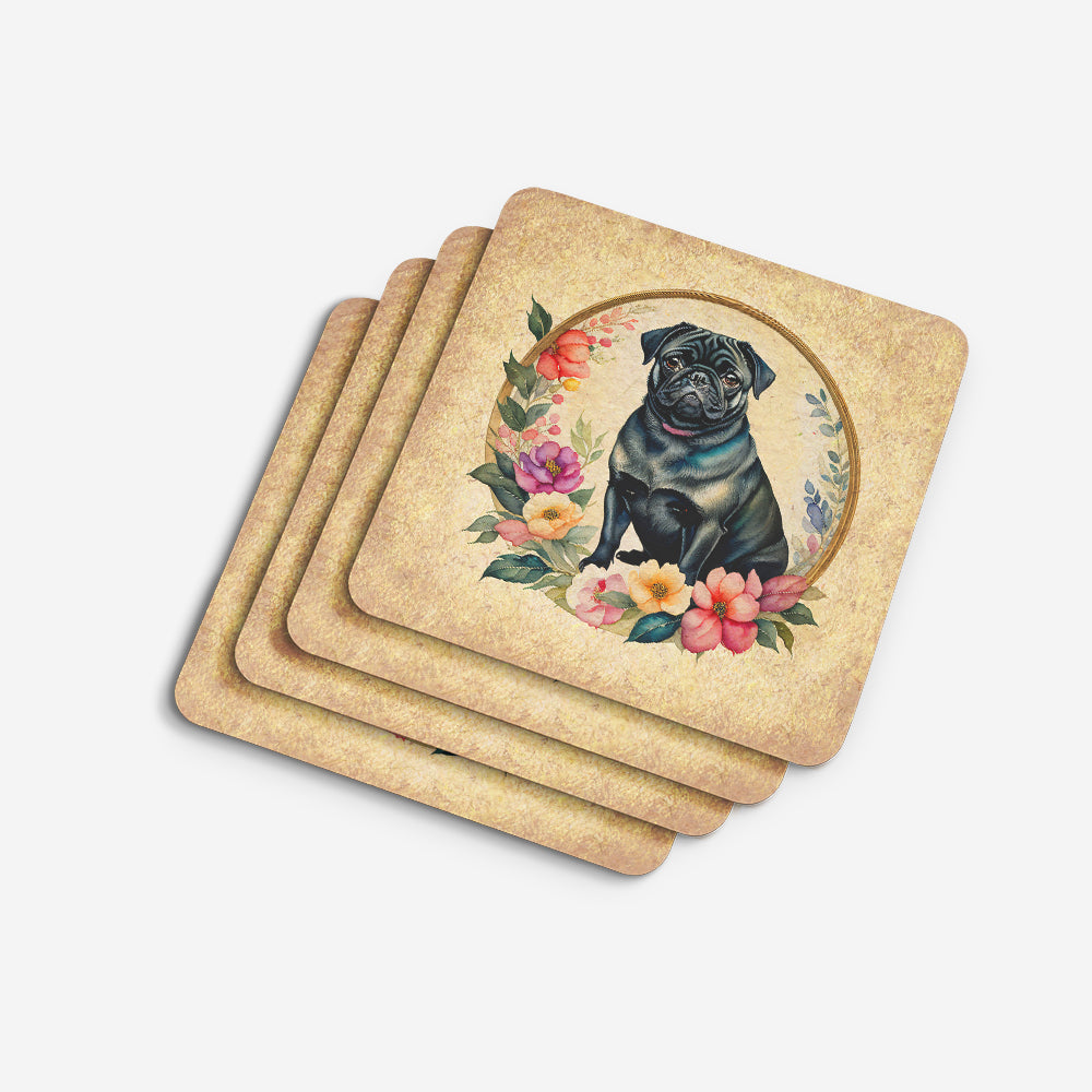 Black Pug and Flowers Foam Coasters