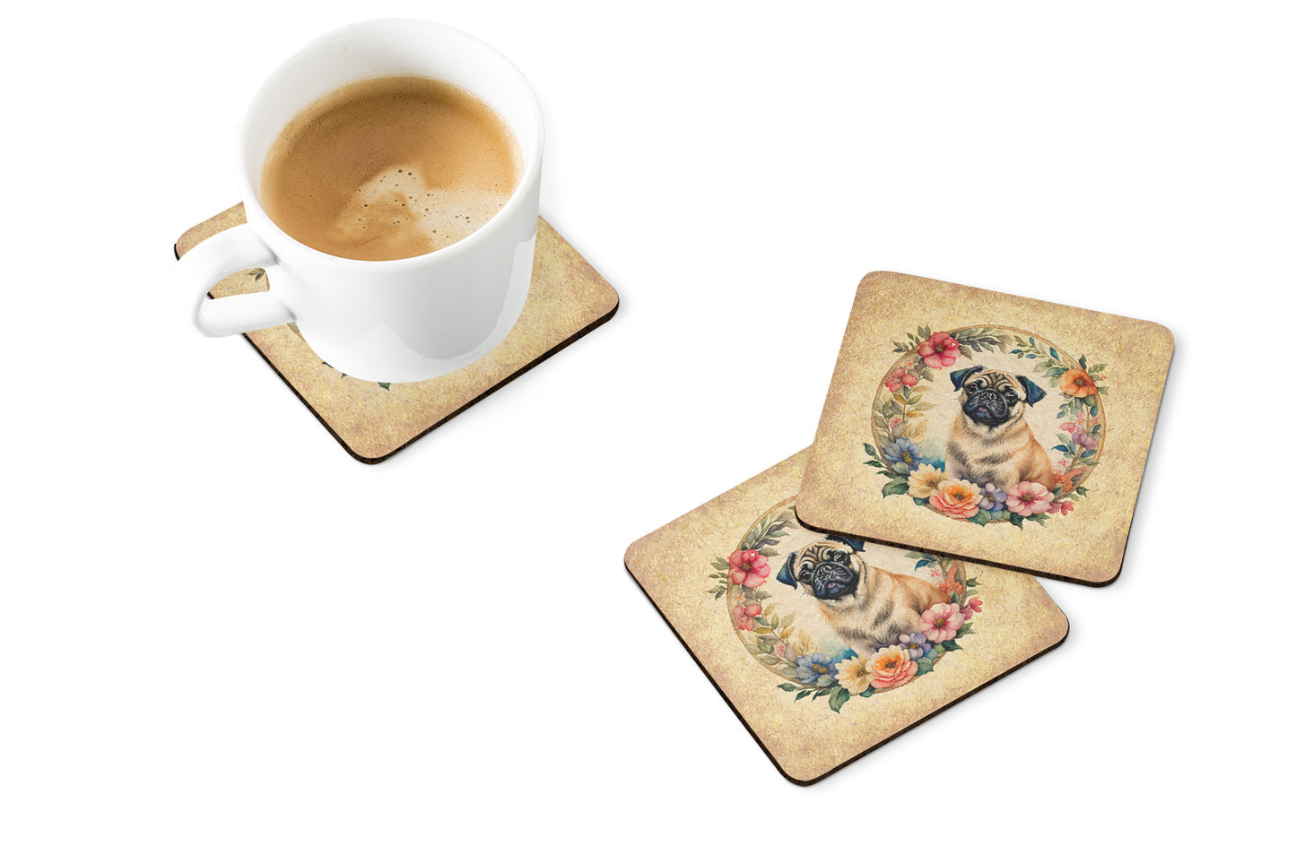 Fawn Pug and Flowers Foam Coasters