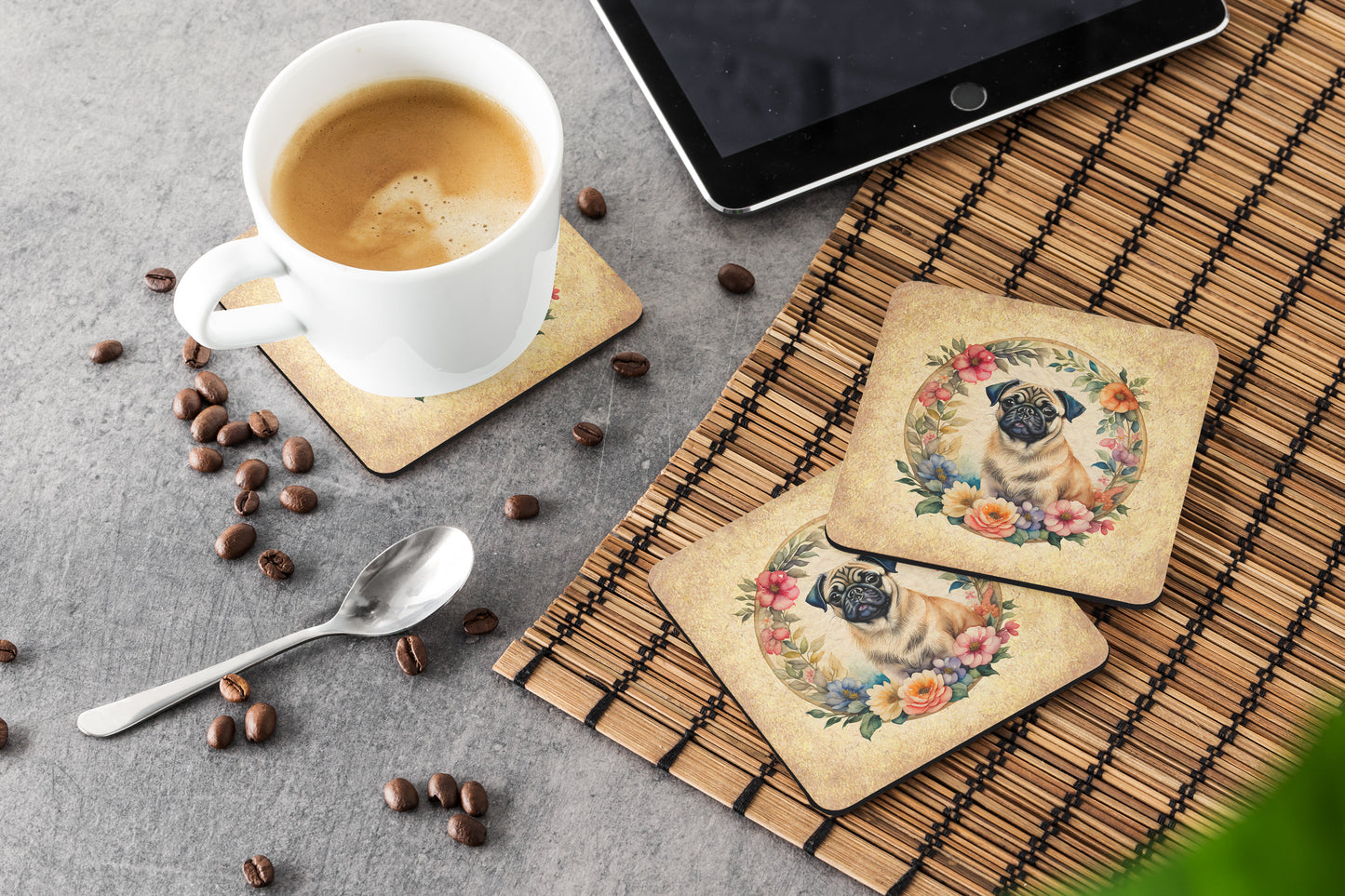 Fawn Pug and Flowers Foam Coasters