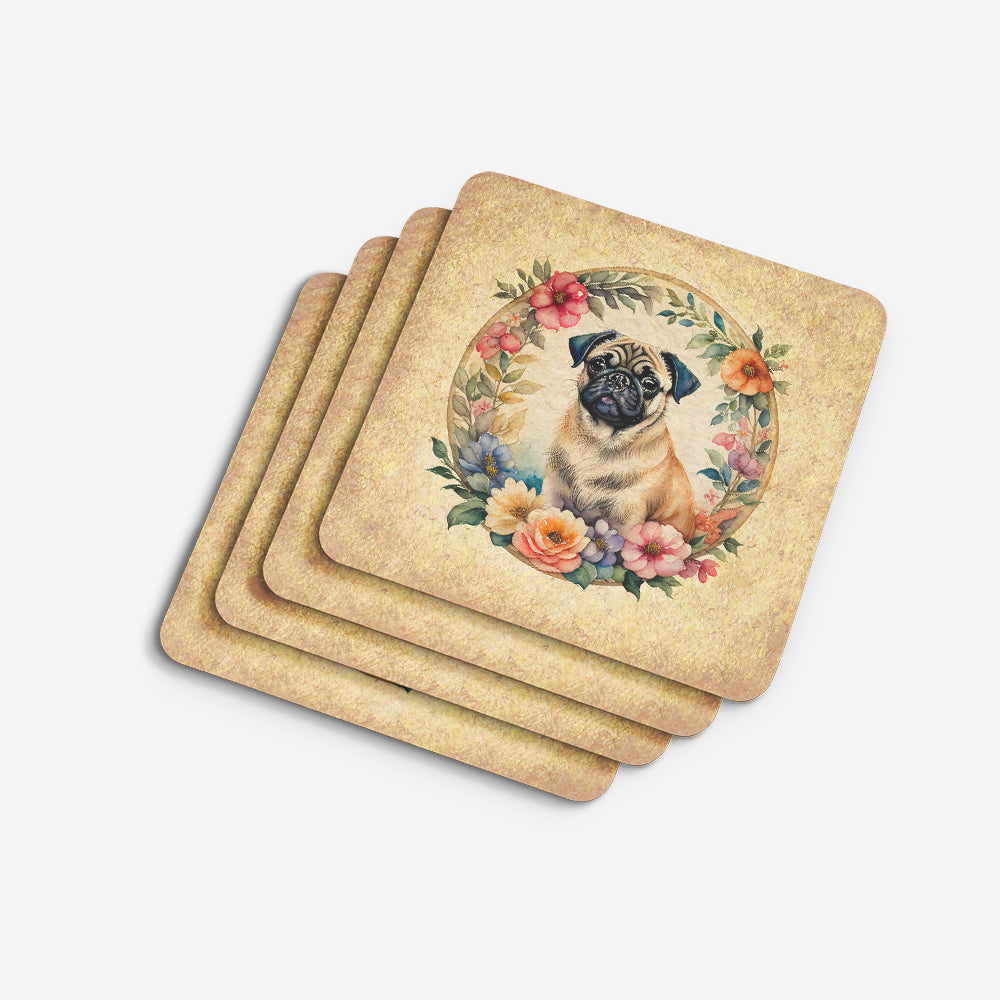 Fawn Pug and Flowers Foam Coasters