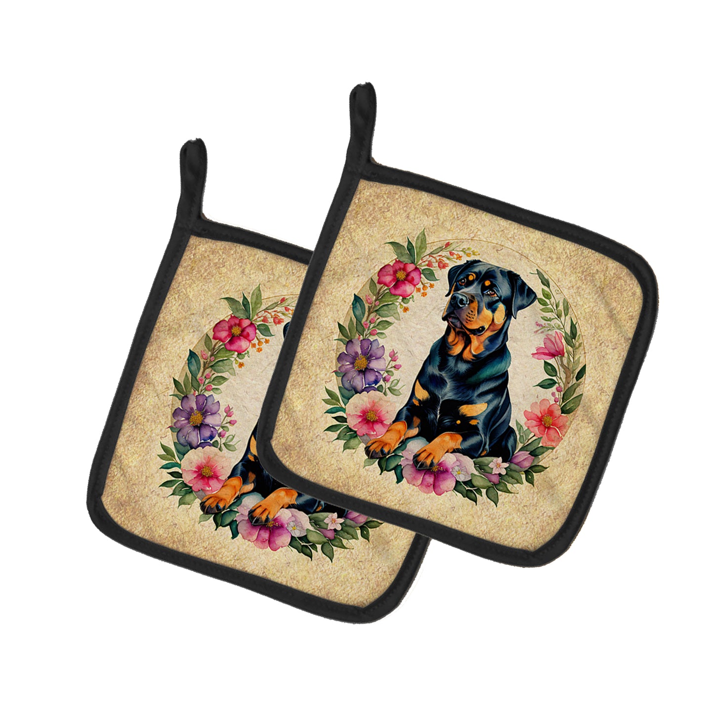 Buy this Rottweiler and Flowers Pair of Pot Holders