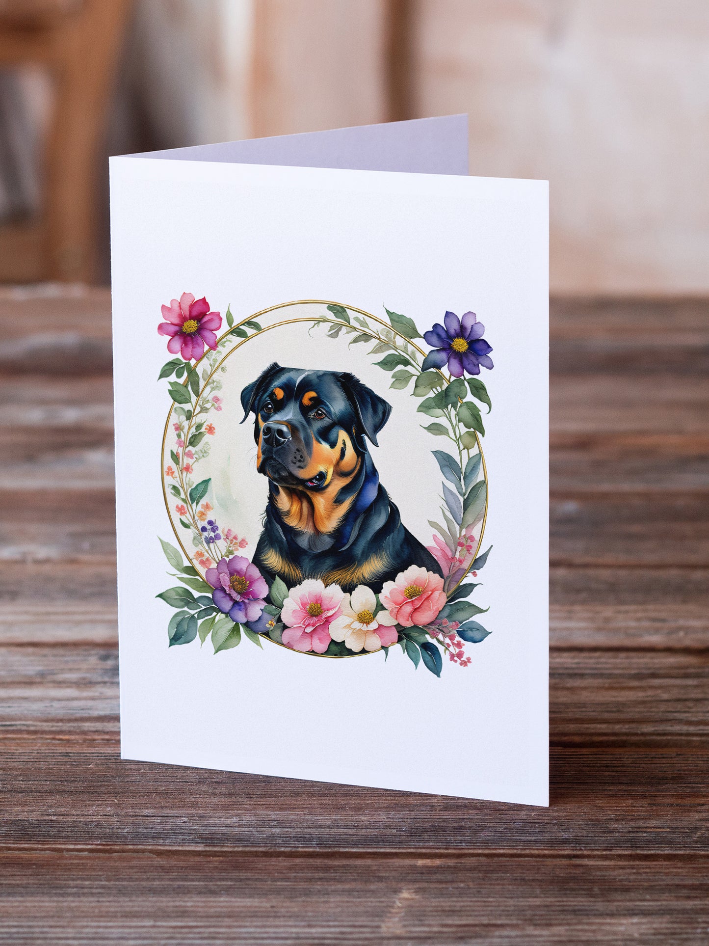 Rottweiler and Flowers Greeting Cards and Envelopes Pack of 8