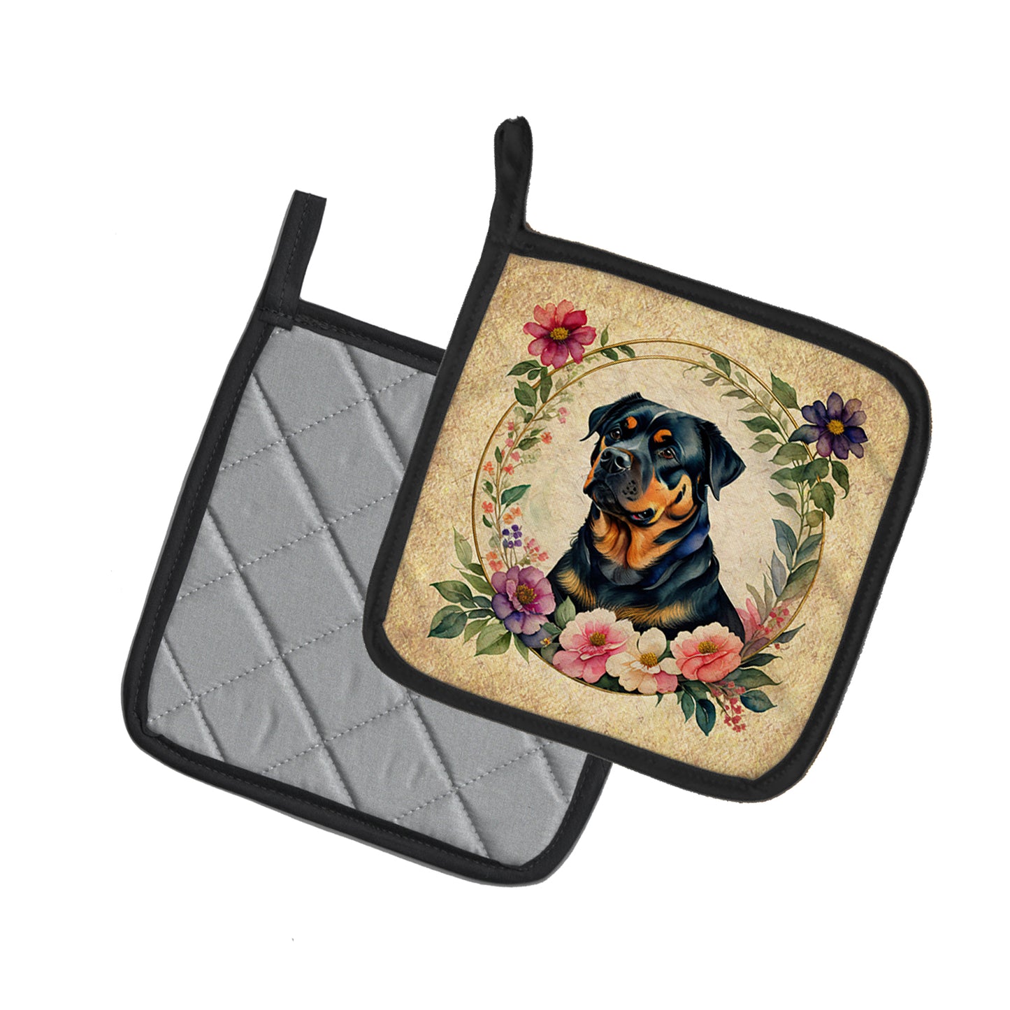 Rottweiler and Flowers Pair of Pot Holders