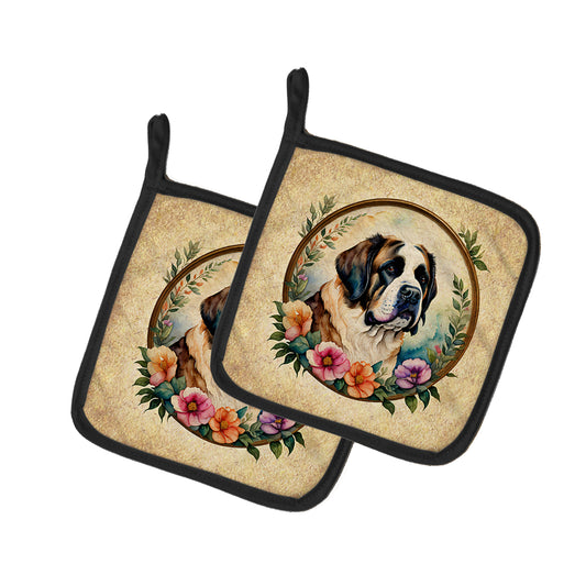 Buy this Saint Bernard and Flowers Pair of Pot Holders