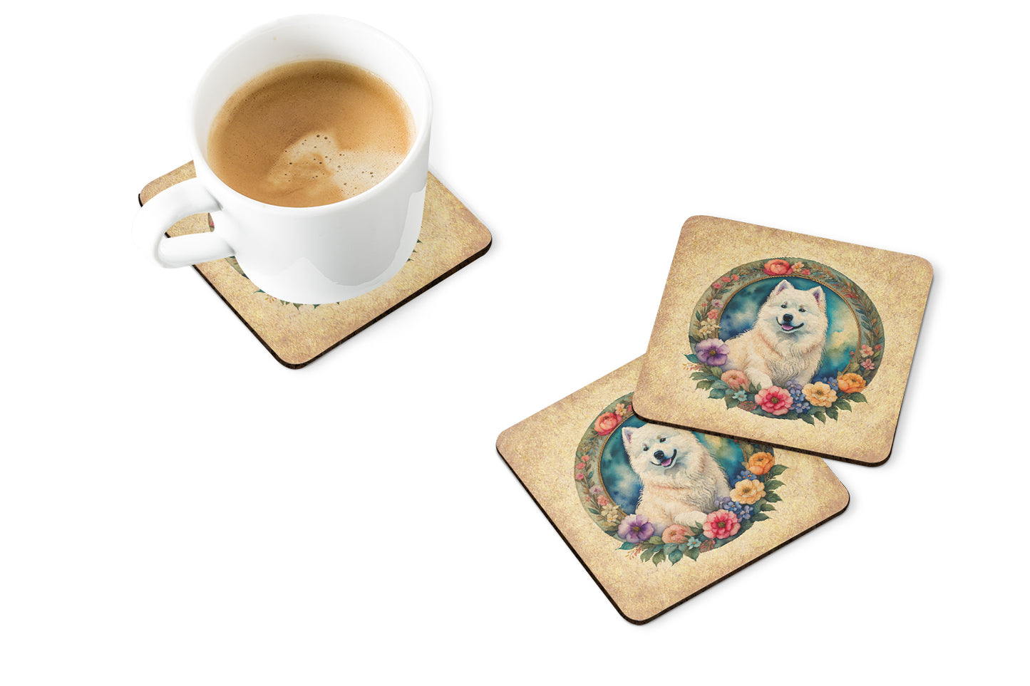 Samoyed and Flowers Foam Coasters