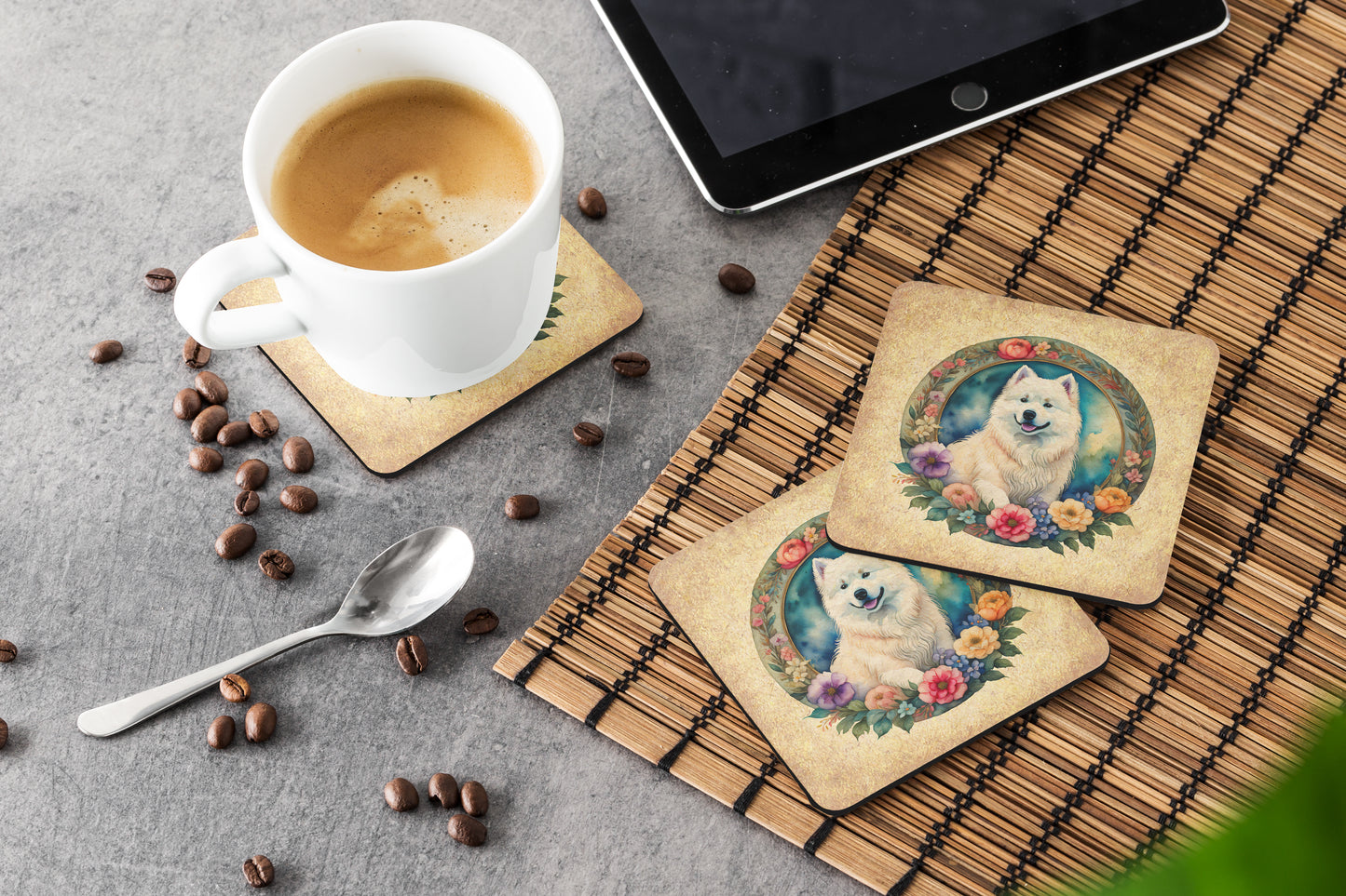 Samoyed and Flowers Foam Coasters