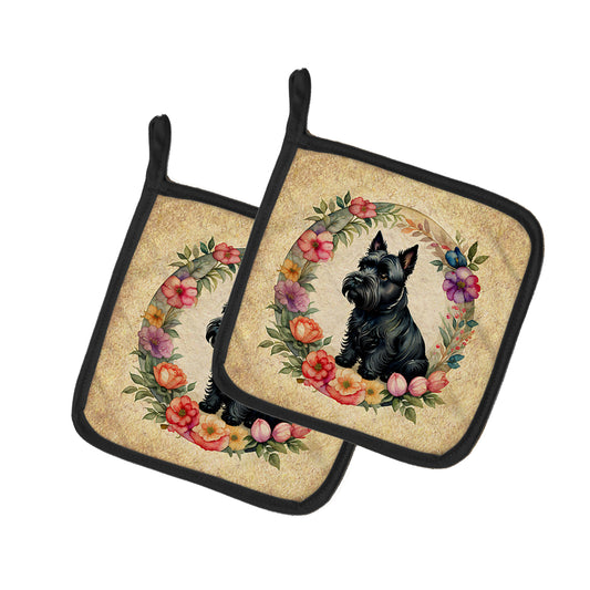 Buy this Scottish Terrier and Flowers Pair of Pot Holders