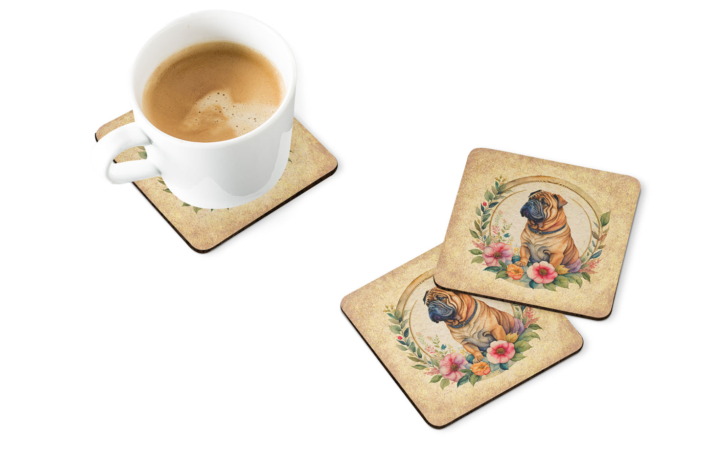 Shar Pei and Flowers Foam Coasters