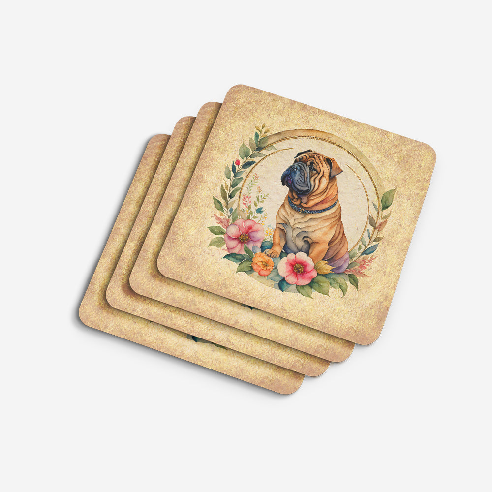 Shar Pei and Flowers Foam Coasters