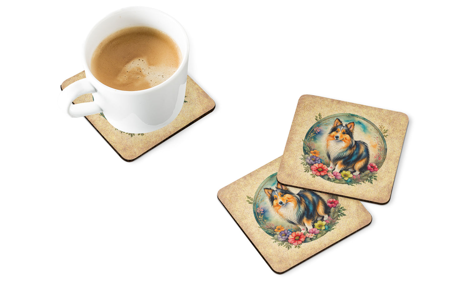 Sheltie and Flowers Foam Coasters