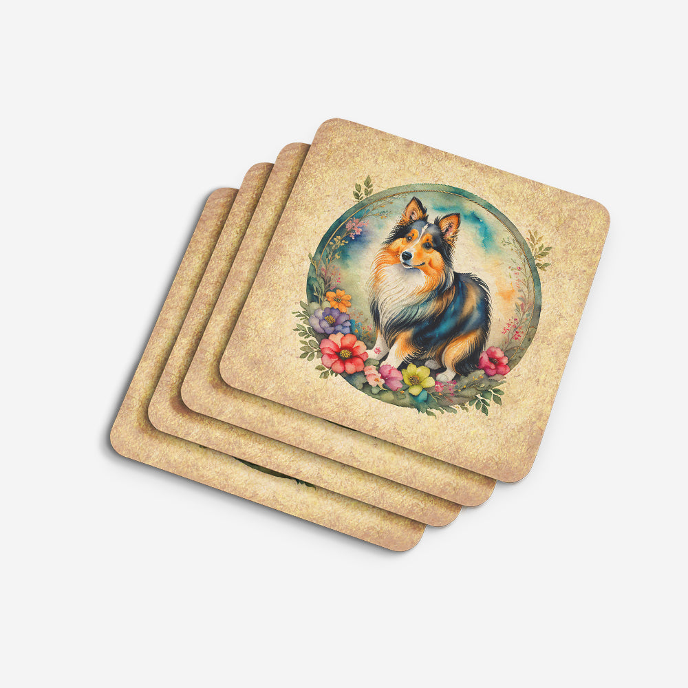 Sheltie and Flowers Foam Coasters